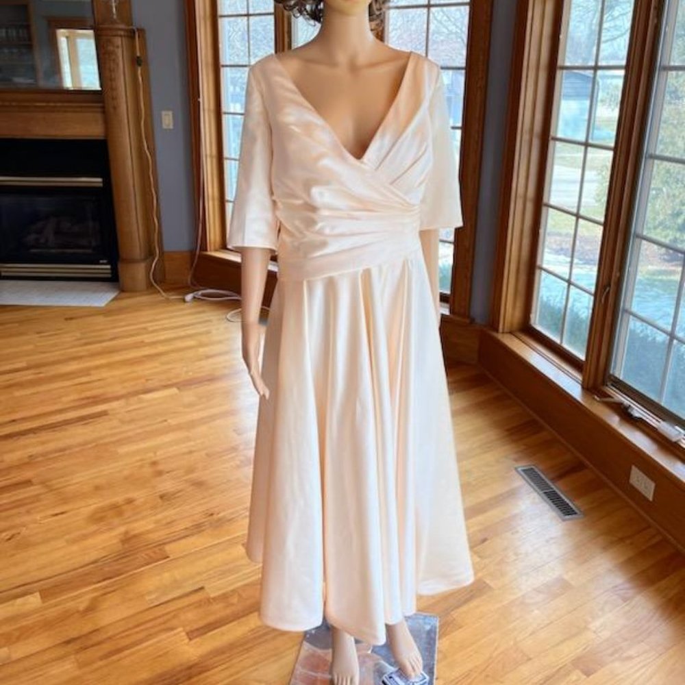 Ada Ivory Satin Tea-Length Wedding Dress with Three-Quarter Sleeves